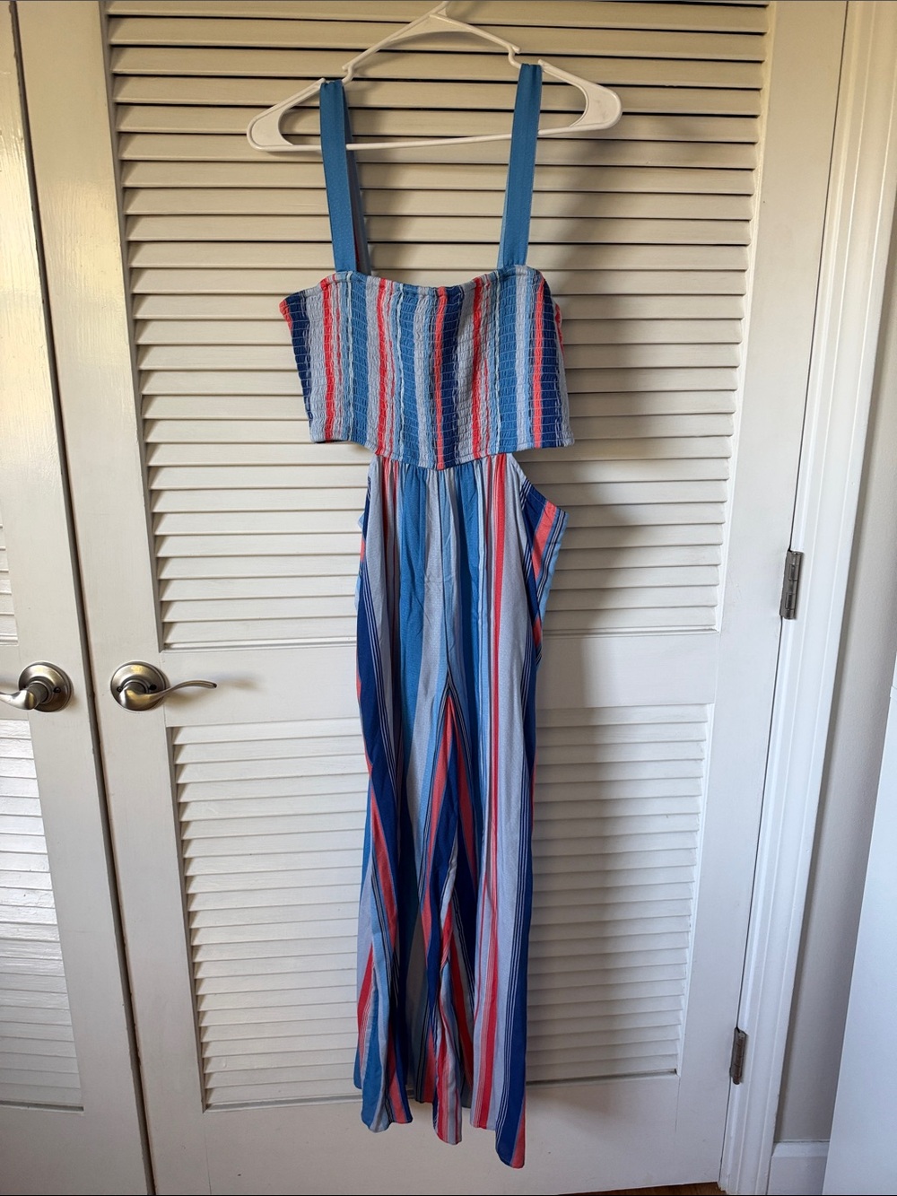 Anthropologie Blue, Red & White Striped Strap Jumpsuit